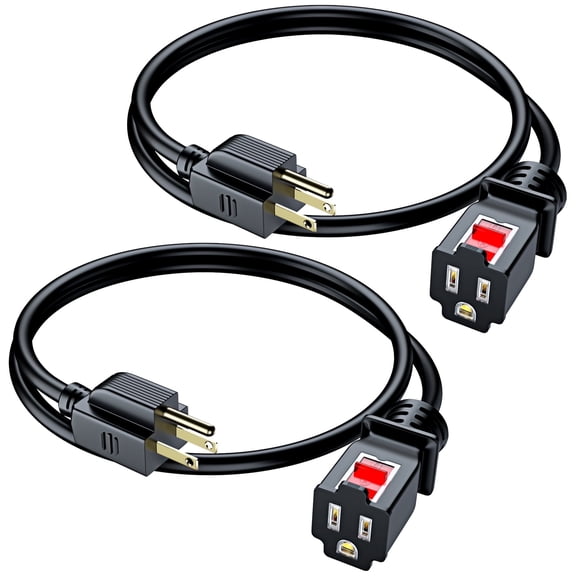Extension Cord 1ft with New Locking Feature, Power Cable 3 Prong Plug Connector, Indoor Rated 16AWG (Black, 2 Pack)