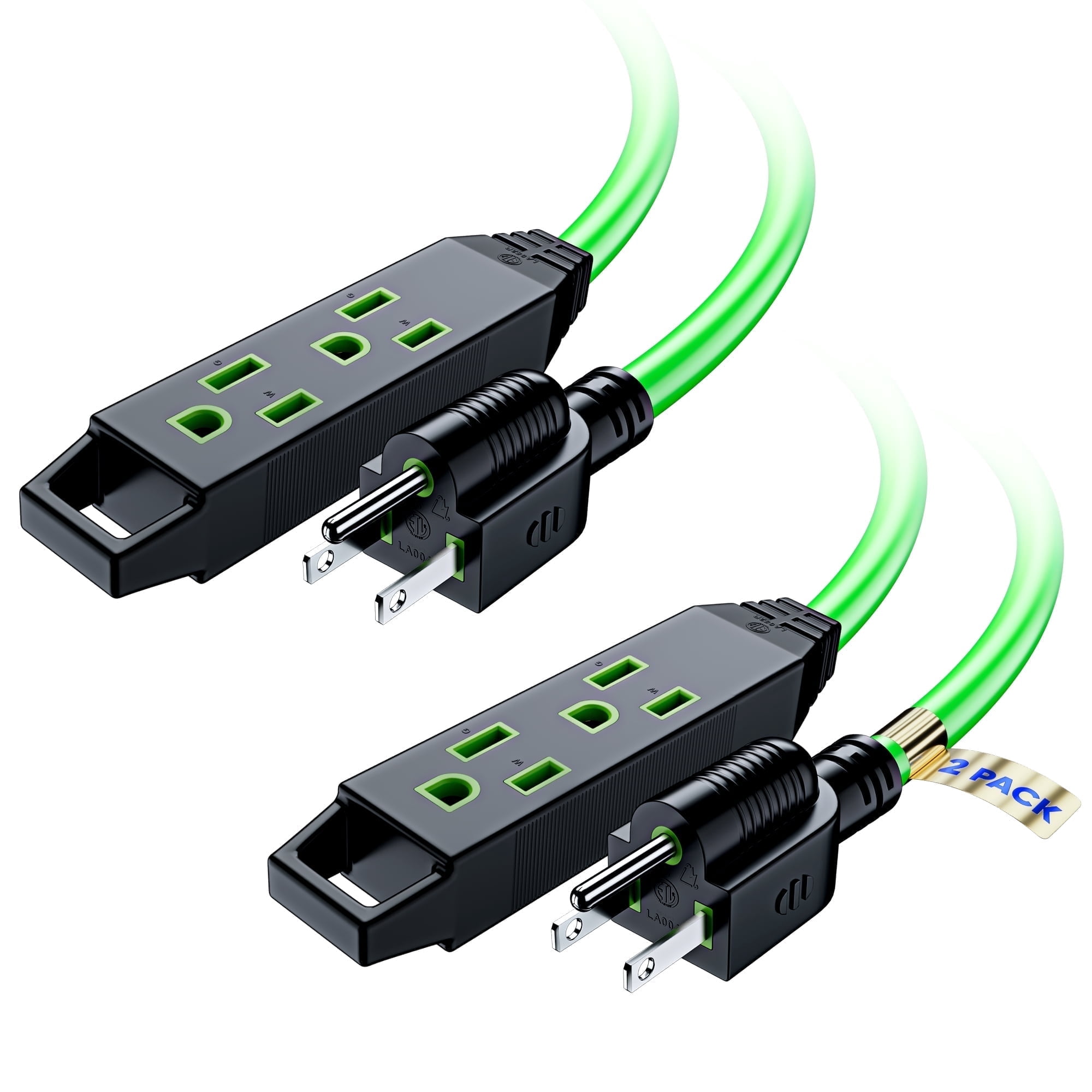 Extension Cord 2 ft, (2 Pack) Extension Cord with Multiple Outlets, 16 Gauge (Green) ETL Listed