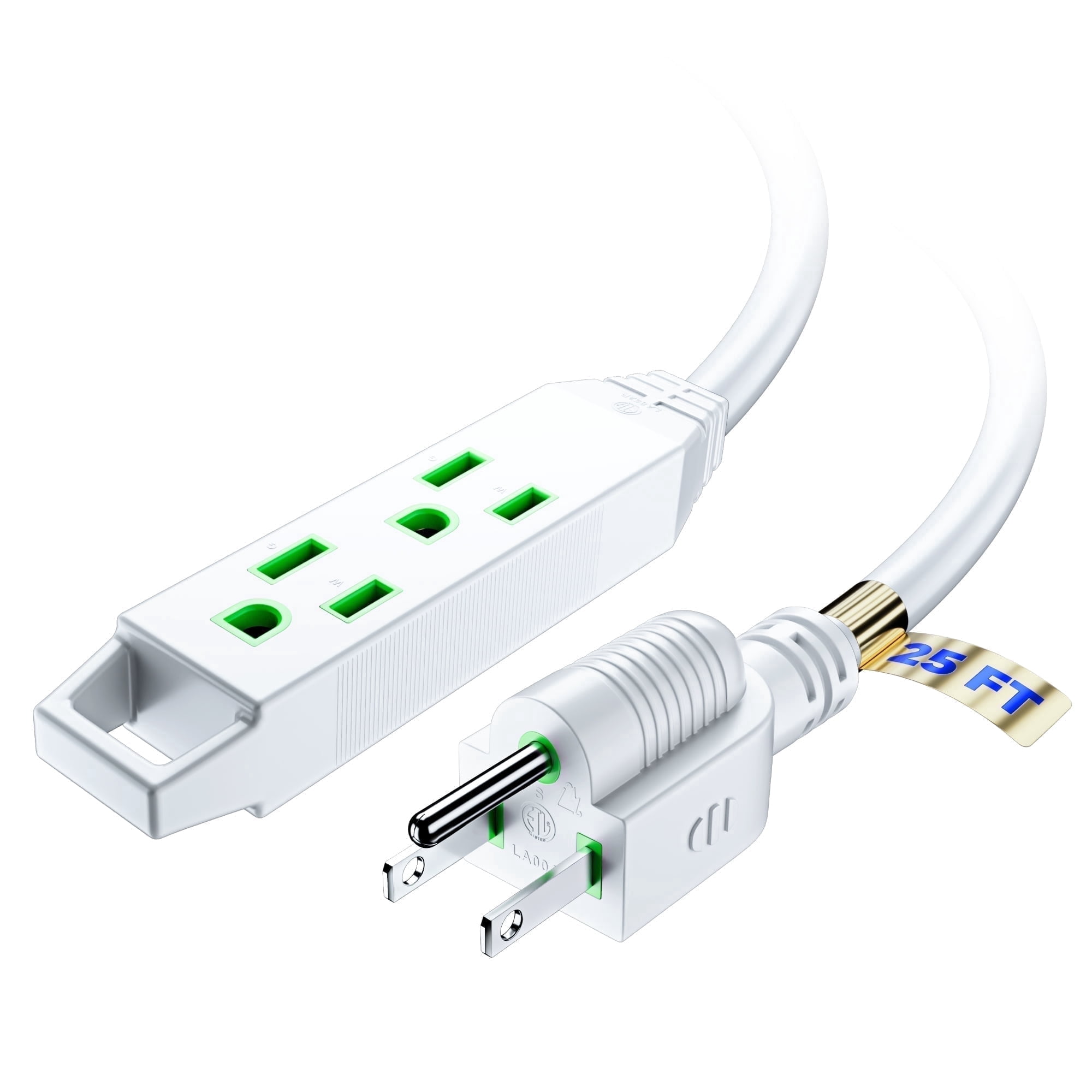 Extension Cord 25 ft, Extension Cord with Multiple Outlets, 16 Gauge (White) ETL Listed