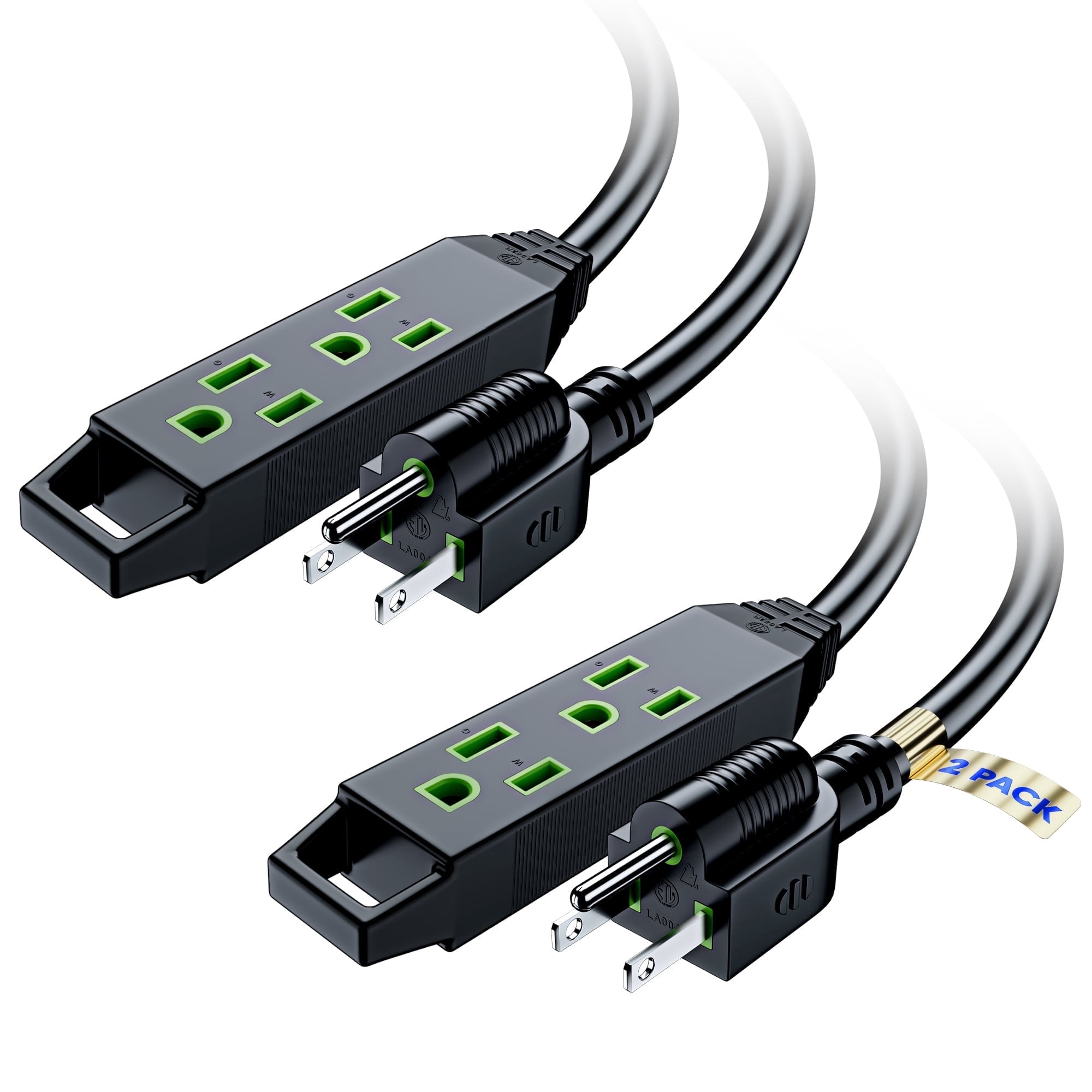 Extension Cord 3 ft, (2 Pack) Extension Cord with Multiple Outlets, 16 Gauge (Black) ETL Listed