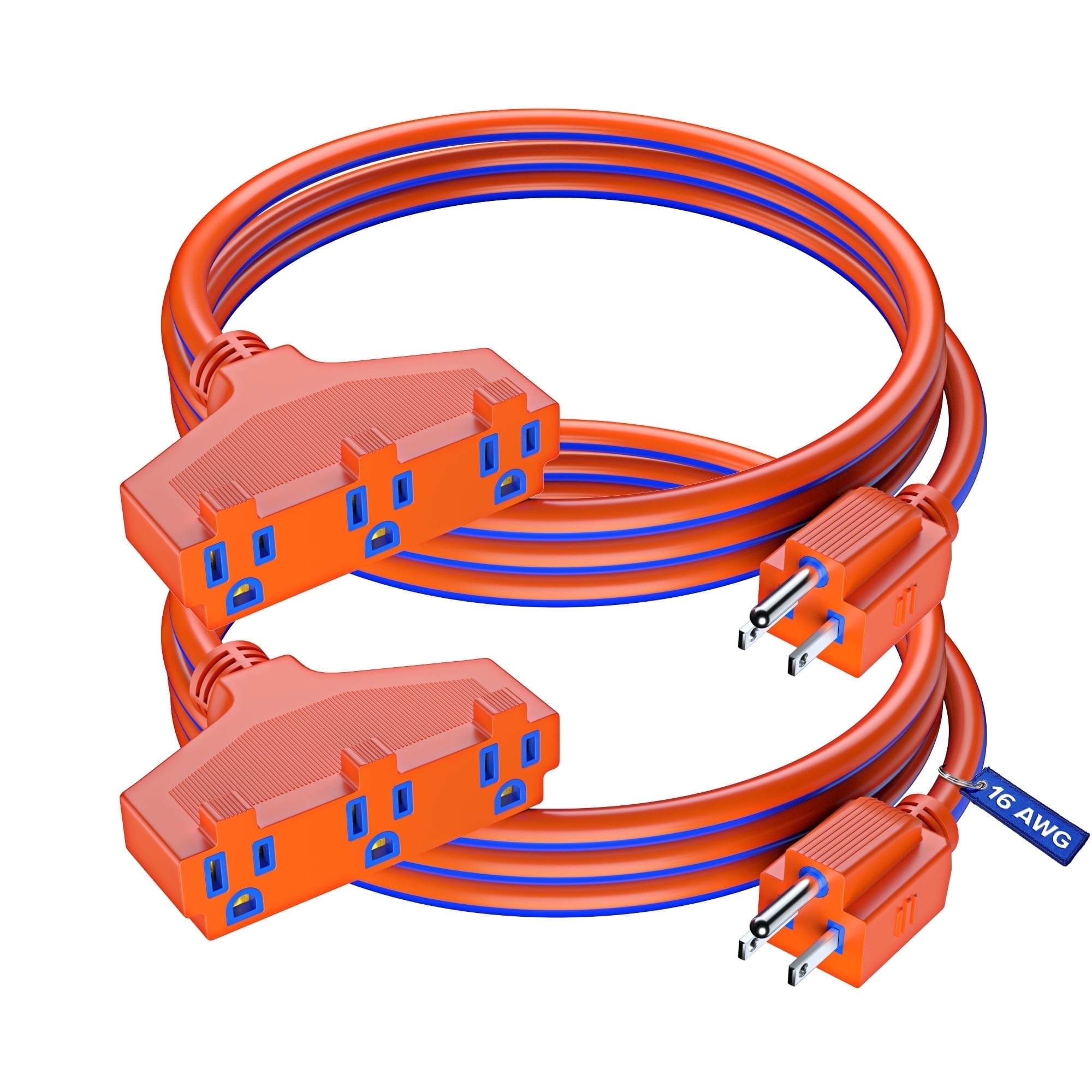 Extension Cord 3 ft, (2-Pack) SJTW Extension Cord with Multiple Outlets, 16 Gauge (Blue and Orange) ETL Listed