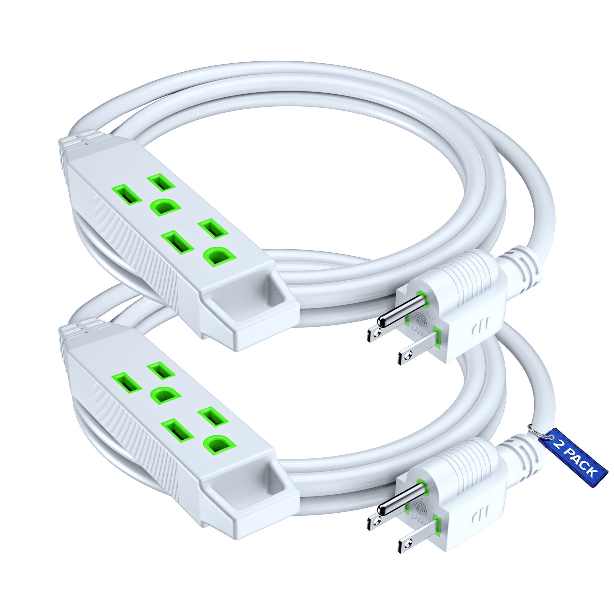 Extension Cord 6 Feet (2 Pack) White Power Cords 4 Outlet Indoor 16 Gauge Wire Heavy Duty (6Ft 2 Pack)