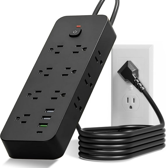 Extension Cord Flat Plug,10FT Long Cord Power Strips with Surge Protection,14 Outlets 4 USB Ports(1 USB C)Wall Mount Charging Station,Overload Protection Outlet Extender for Home Office Indoor