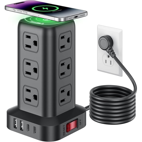Extension Cord with Multiple Outlets, Sur Protector Power Strip Tower, Outlet Extender with 12 AC Outlets 4 USB, 6.5FT Extension Cord for Home Dorm Room, Office Supplies,Overload Protection
