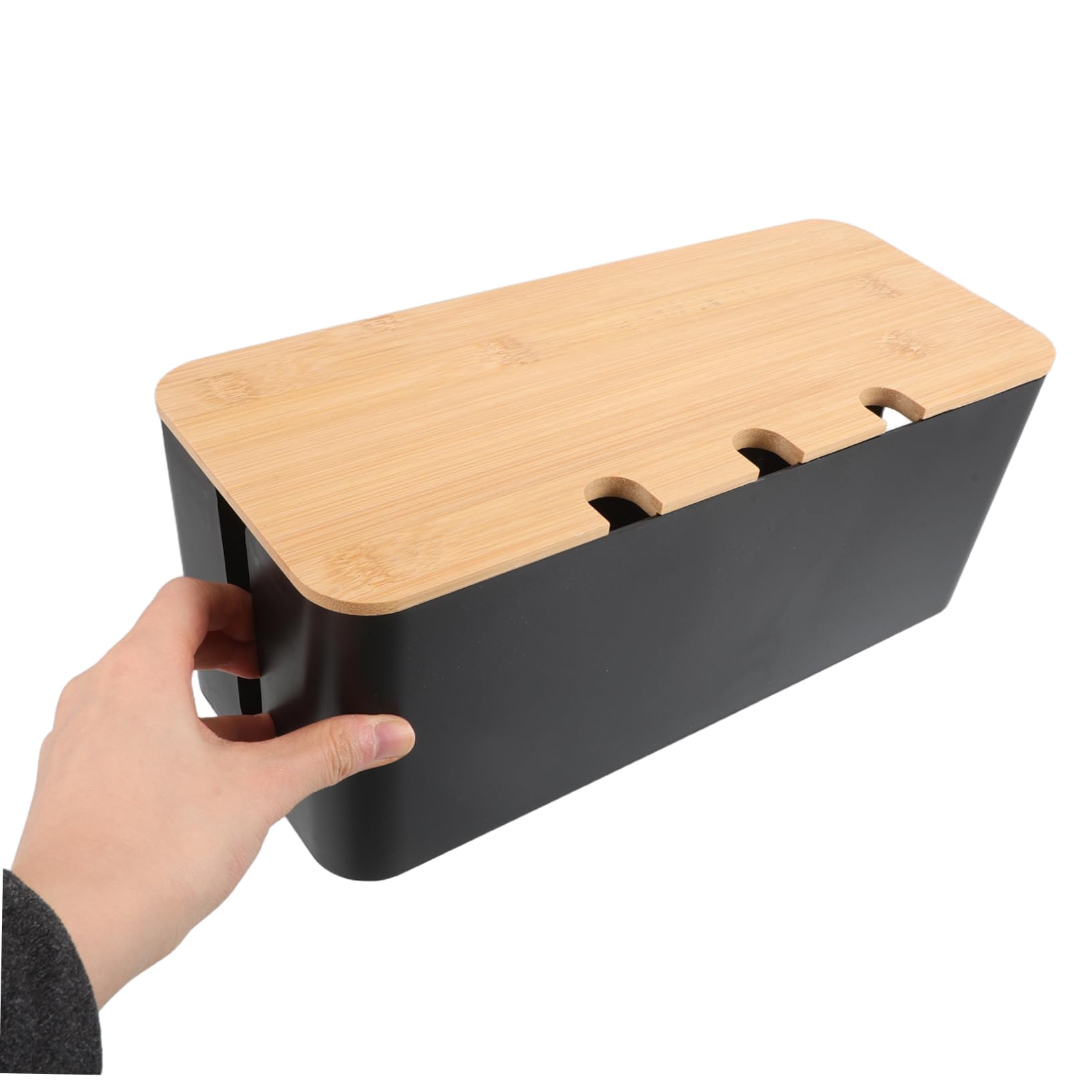 Extension Cord Organizer Cable Management Box Desk Cord Organizer for Office (Black bamboo cover with three holes)