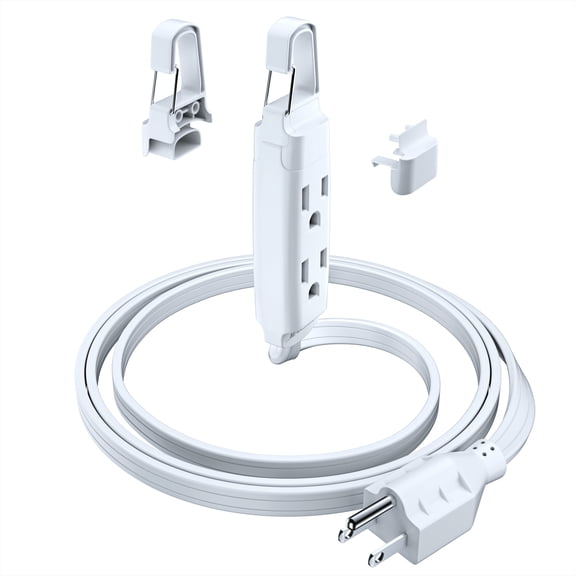 Extension Cord with Removable Easy-Hook System, 3 ft, 3 Outlet Extension Cord 90° Flat Plug, Hang at Eye Level or Higher for Super-Easy Access, UL Listed
