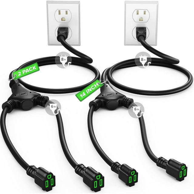 Extension Cord Splitter 12/3 AWG 1 to 2 Outlet, Foot (2 Pack) Indoor