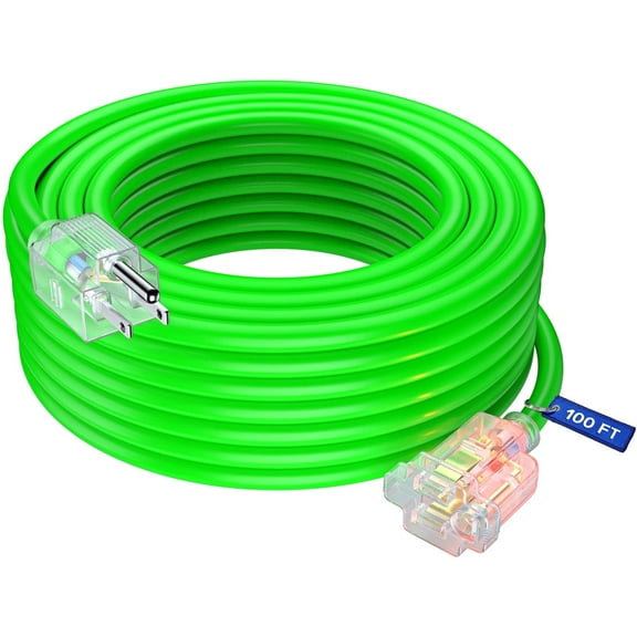 Extension Cord with Lighted Power Indicator l 100 Feet l (Blue) 14 Gauge, SJTW, Heavy Duty Extension Cord