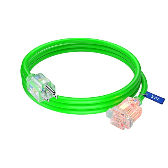 Extension Cord with Lighted Power Indicator l 3 Feet l (Green) 16 Gauge, SJTW, Heavy Duty Indoor Extension Cord