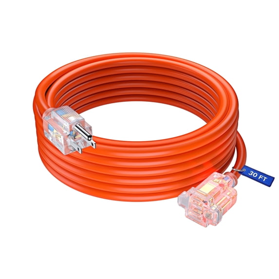 Extension Cord with Lighted Power Indicator l 30 Feet l (Orange) 16 Gauge, SJTW, Heavy Duty Extension Cord