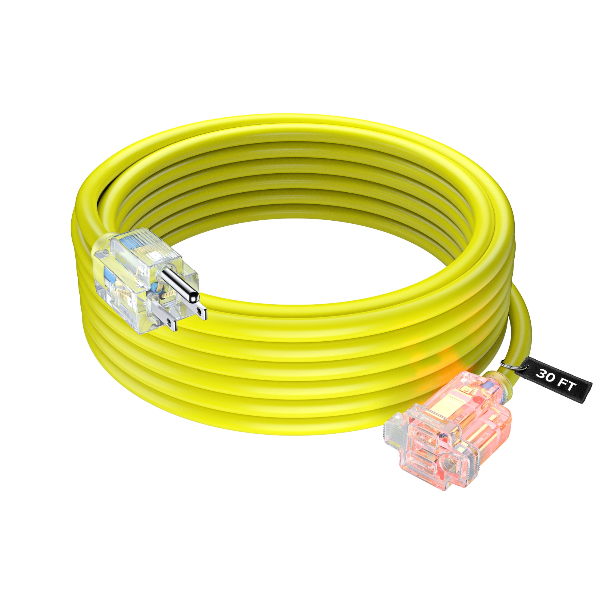 Extension Cord with Lighted Power Indicator l 30 Feet l (Yellow) 16 Gauge, SJTW, Heavy Duty Extension Cord