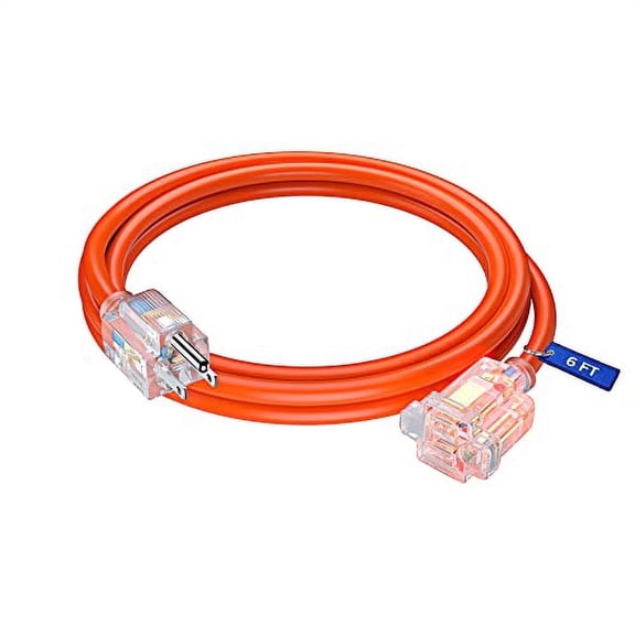 Extension Cord with Lighted Power Indicator l 6 Feet l (Orange) 16 Gauge, SJTW, Heavy Duty Extension Cord