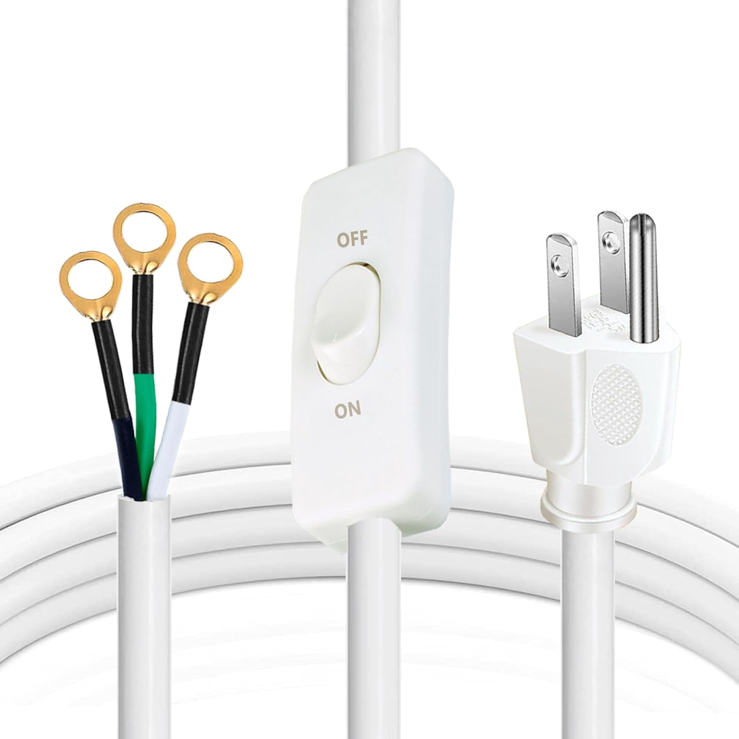 Extension Cord with Switch On/Off White Three Prong Grounded Plug ...