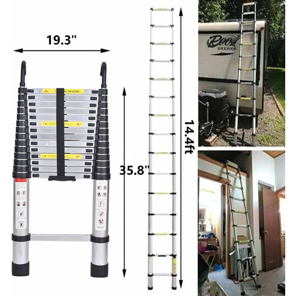 Extension Ladder 14.4ft with Detachable Hook Folding Ladders for Home Aluminium Telescoping Ladder 330lb Capacity Standard Ladder Multi Purpose Ladders Independent Locking Mechanism