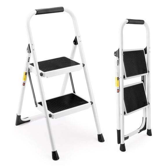 Extension Ladder, 2 Step Ladder, Folding Step Stool with Anti-Slip and Wide Pedal, Lightweight Stepladder with Handrails, Portable for Kitchen, Household, 330LBS, White, White Pu Step Ladder
