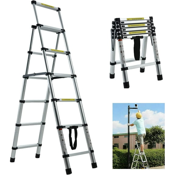 Extension Ladder 5+6 Step Ladders for Home Aluminium Herringbone Ladder 5.34FT Telescoping Ladder Type A Frame Portable Compact Attic Ladder, 330lbs Load Capacity, for Loft Extendable Ladders