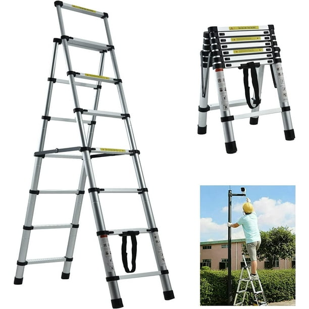 Extension Ladder 6+7 Step Ladders for Home Aluminium Herringbone Ladder 6.4FT Telescoping Ladder Type A Frame Portable Compact Attic Ladder, 330lbs Load Capacity, for Loft Extendable Ladders