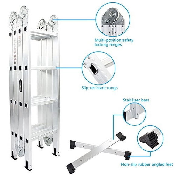 Extension Ladder, LUISLADDERS Folding Ladder 15.5 FT Multi-Purpose Aluminium Extension 7 in 1 Step Heavy Duty Combination ANSI Standard