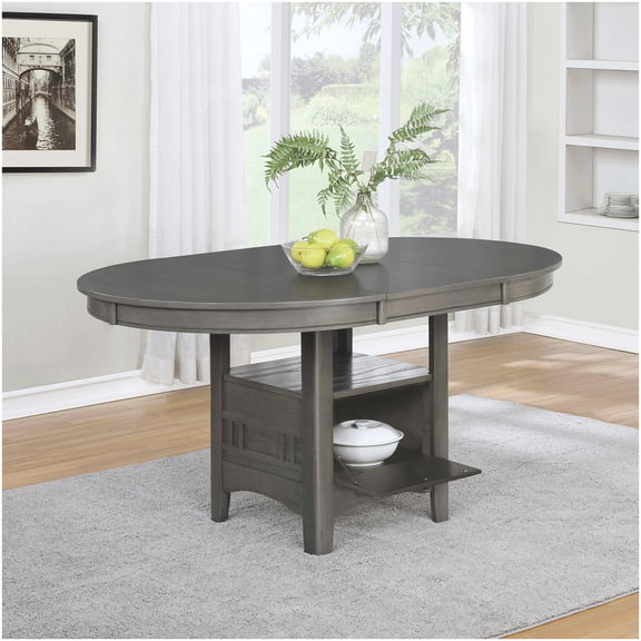 Extension Leaf Dining Table with Storage, Oval Grey Wood Table for Dining Room, Seats 4