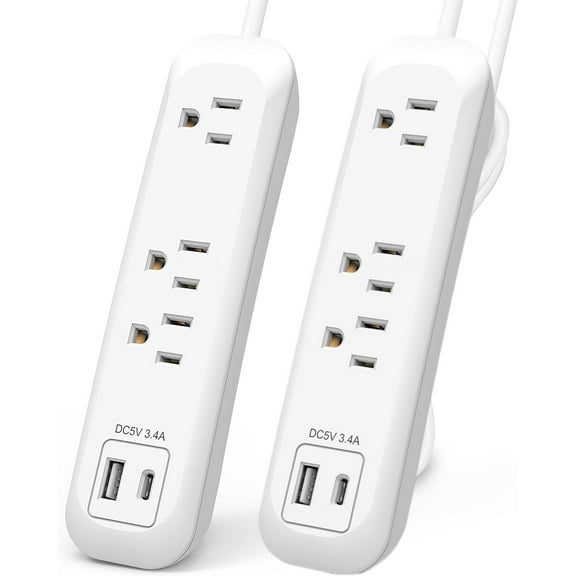 Extension cord 3 Outlets with 2 USB Ports, Small Power Strip wiUSB-A & USB-C (3.4A/5V), White Cord Surge Protector 6 Feet for Home, Office, Travel(2 Pack)