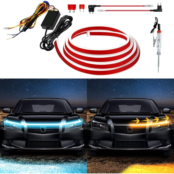 Exterior Car LED Hood Light Strip,Dual Color Dynamic Scan Start Up Hoodbeam Kit,Led Daytime Running Lights Ice Blue&Amber Switchback Sequential Turn Signal Lights for Cars, Trucks,SUV(70inch/1set)