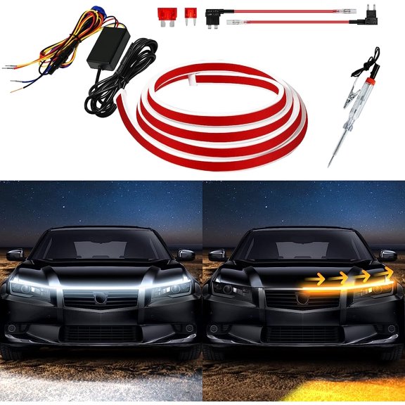 Exterior Car LED Hood Light Strip,Dual Color Dynamic Scan Start Up Hoodbeam Kit,Led Daytime Running Lights White&Amber Switchback Sequential Turn Signal Lights for Cars, Trucks,SUV(48inch/1set)