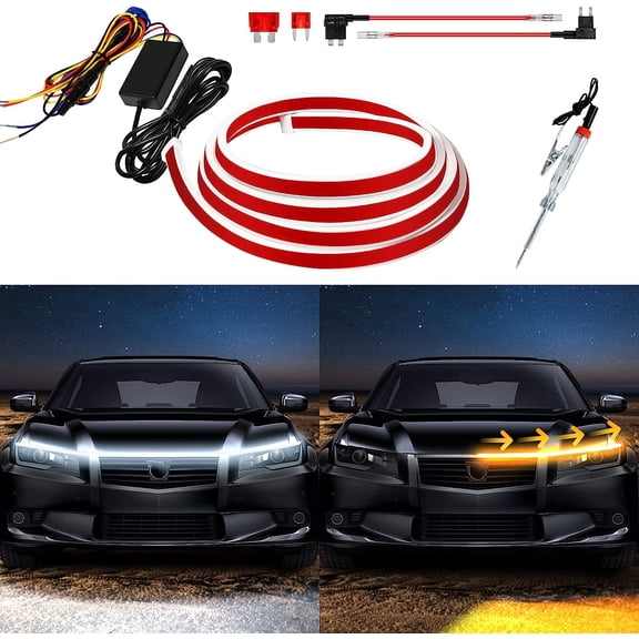 Exterior Car LED Hood Light Strip,Dual Color Dynamic Scan Start Up Hoodbeam Kit,Led Daytime Running Lights White&Amber Switchback Sequential Turn Signal Lights for Cars, Trucks,SUV(70inch/1set)