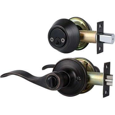 Exterior Door Handle with Deadbolt, Oil Rubbed Bronze Front Door Lock Set with Double Cylinder Deadbolt, 1 Pack Wave Style Keyed Alike Entry Lockset