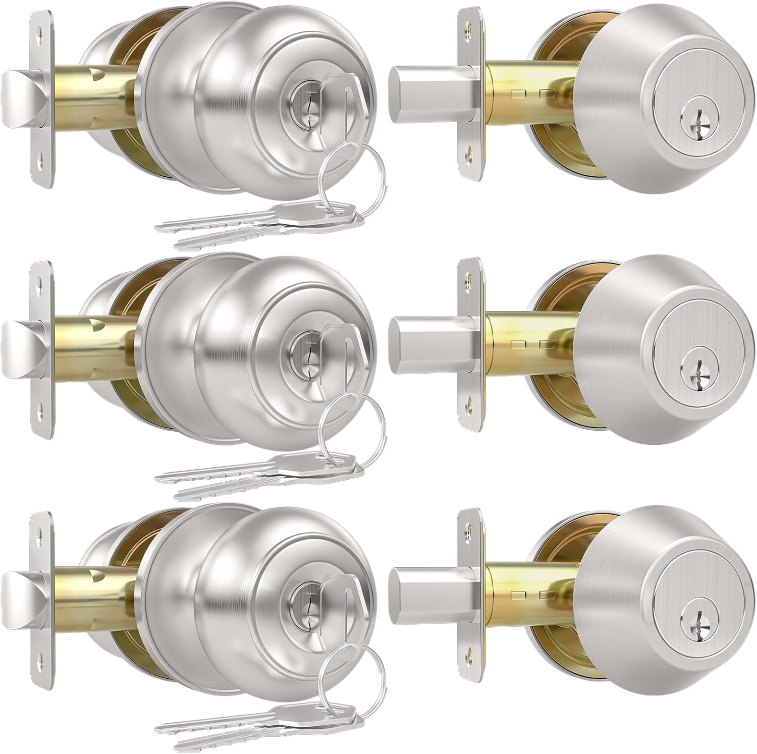 Exterior Door Knob with Lock and Key, 3 Pack Keyed Alike Entry Door Knob for Front Door Lock Set, Brushed Nickel Exterior Door Knob and Single Cylinder Deadbolt Set