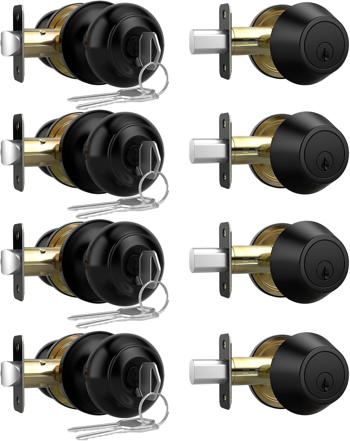 Exterior Door Knob with Lock and Key, 4 Pack Keyed Alike Entry Door Knob for Front Door Lock Set, Matte Black Bedroom Door Knobs with Lock and Single Cylinder Deadbolt Set