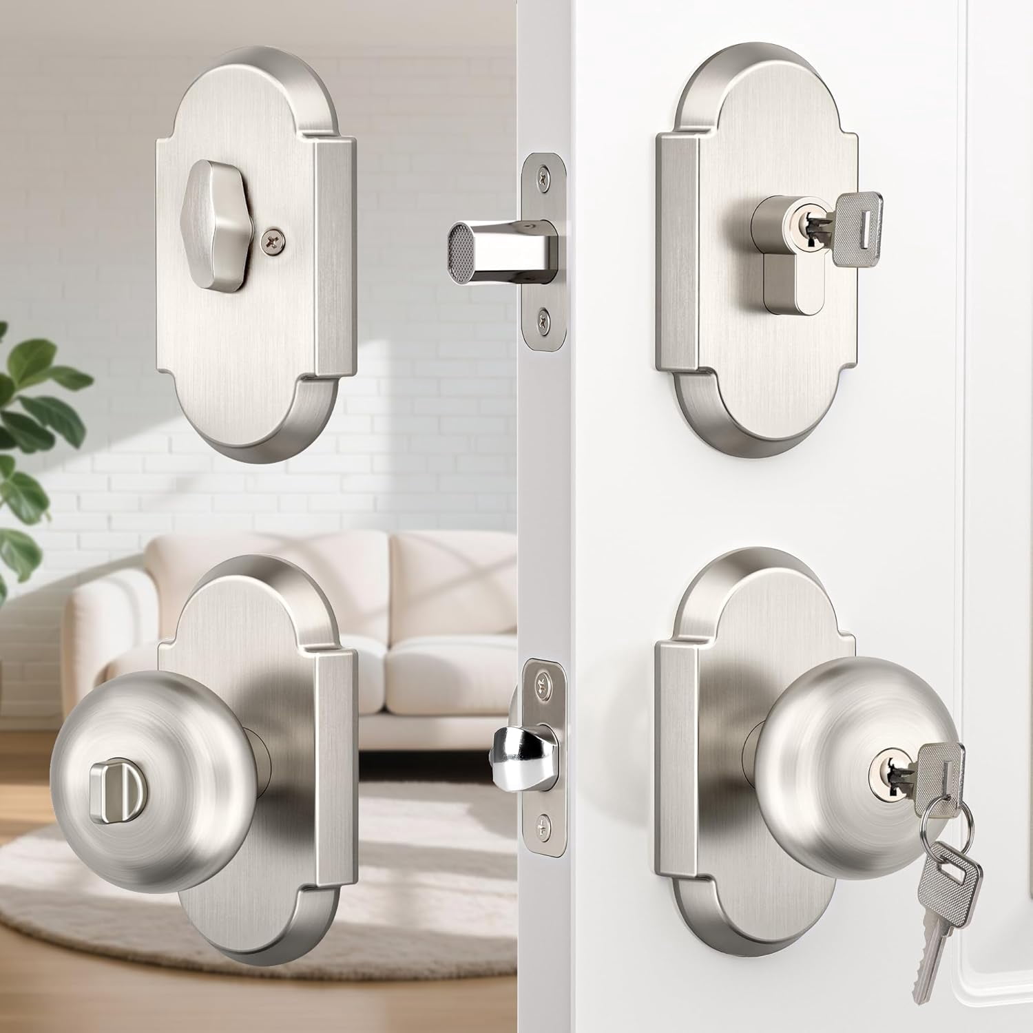 Exterior Door Knob with Deadbolt, Keyed Alike Entry Door Knobs with Lock and Keys, Satin Nickel Front Door Lock Set with Single Cylinder Deadbolt