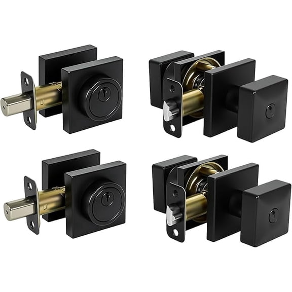 Square Front Door Lock Set,Single Cylinder Deadbolt and Knob with Lock, Keyed Alike Door Locks for Front Door(Matte Black,2pack-Set)