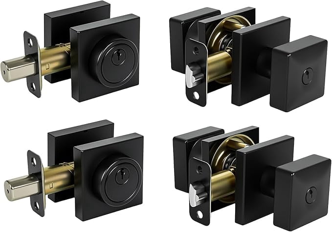 Square Front Door Lock Set,Single Cylinder Deadbolt and Knob with Lock, Keyed Alike Door Locks for Front Door(Matte Black,2pack-Set)