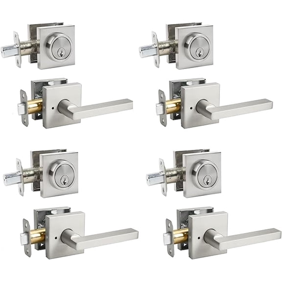 Exterior Door Lock Set with Deadbolt, Front Door Handle Set, Heavy Duty Keyed Alike Privacy Handles, (3Pack-Set,Satin Nickel)