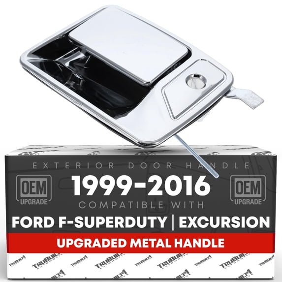 T1A Exterior Front Driver Door Handle, Upgraded Metal - Compatible with 1999-2016 Ford F-250 F-350 F-450 F-550 F-650 Super Duty; 00-05 Excursion - All Chrome w/Keyhole - OEM 7C3Z-2522405-ACHMT, 79306