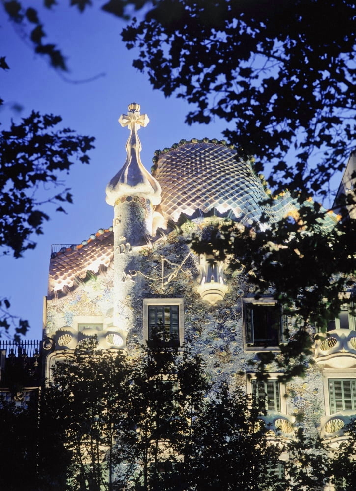 Exterior Of Casa Batllo At Dusk With Trees Canvas Art - Ian Cumming Design Pics (26 x 36)