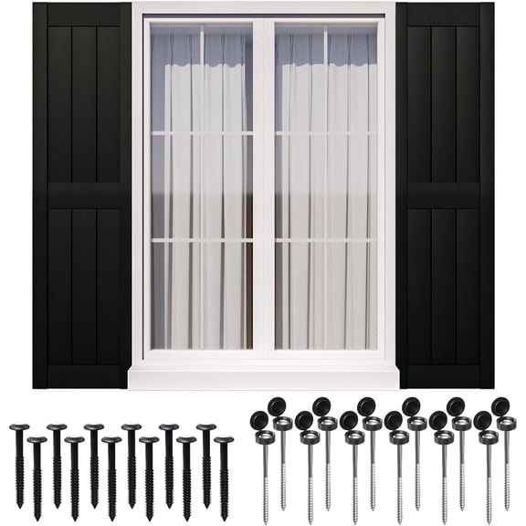 Exterior Window Shutters with 24 Pcs Shutter Fasteners - Weather-Resistant Polypropylene, Easy DIY Install - Rustic Panel Shutters for Windows Outside, 14.5"W*47" H, Black