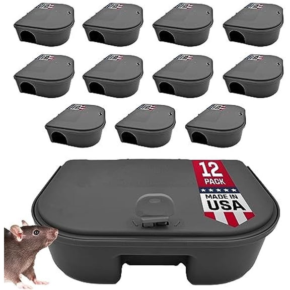 Exterminators Choice Compact Mouse Bait Station - Heavy-Duty Outdoor Rat Bait Box - Lockable Design with Key - Versatile Indoor & Outdoor Use - Pack of 12, Black, 4.75in x 3.5in x 1.25in