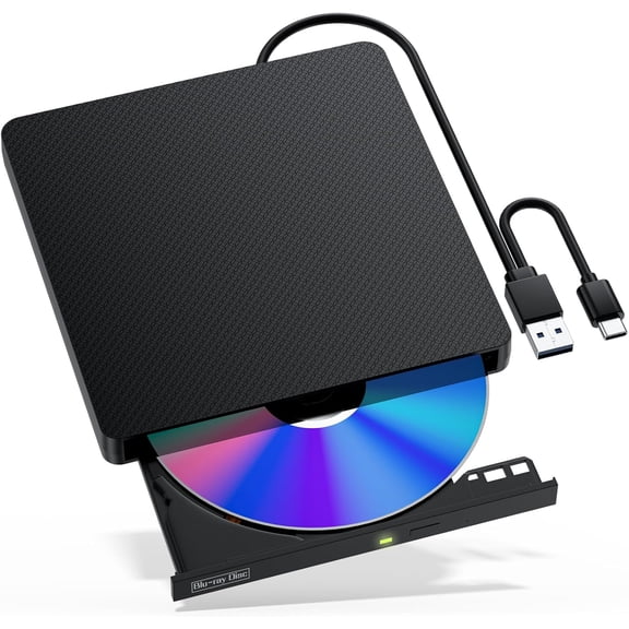 External Blu-ray Drive, USB 3.0 & Type-C BD/DVD/CD Burner Portable Blu-ray Player with 3D Playback, Compatible with Windows, Linux, Mac OS (2 IN1)