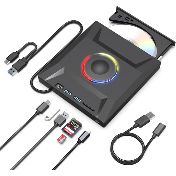 External CD DVD Drive,7 in 1 USB 3.0 and Type-C CD Burner Player Writer with 2 USB Ports and 1 TF/SD Card Slots,Portable Slim Optical Disk Driver for Laptop PC Windows Linux OS