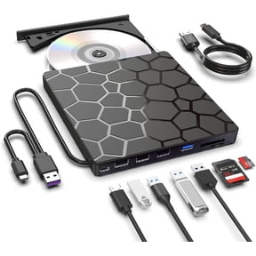 External CD DVD Drive,8 in 1 USB 3.0 and Type-C CD Burner Player Writer with 4 USB Ports and 1 TF/SD Card Slots,Ultra Slim Optical Disk Driver for Laptop Mac PC Windows Linux OS