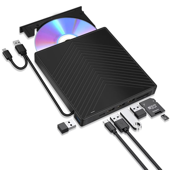 External CD DVD Drive, CD Burner DVD Player USB 3.0 with 4 USB Port Hub and 2 SD/TF Card Reader, USB-C CD/DVD-ROM +/-RW Disk Drive Adapter Writer for Laptop PC Mac Windows 11/10/8/7 Linux OS