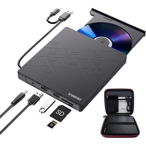 External CD DVD Drive, CD Burner USB 3.0 with 2 USB Ports and 2 TF/SD Card Slots, Optical Disk Drive for Laptop Mac, PC Windows 11/10/8/7 Linux OS with Carrying Case