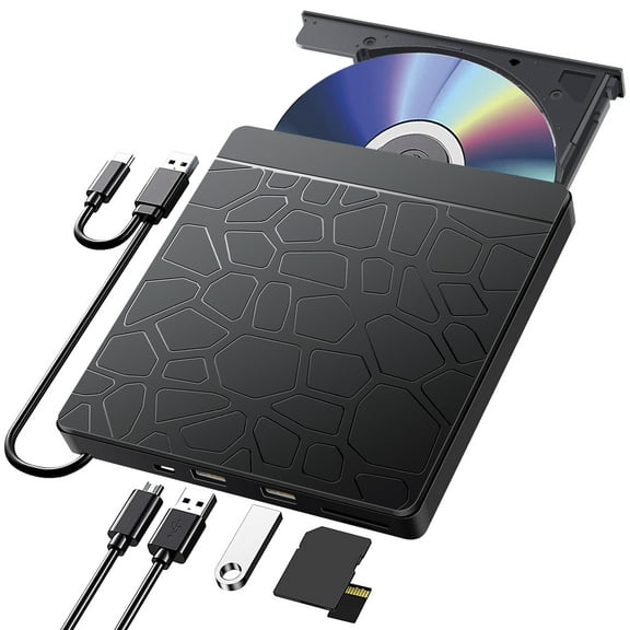 External CD DVD Drive for Laptop, 5 in 1 Ultra Slim CD Burner USB 3.0 with 3 USB Ports and 2 TF/SD Card Slots, Optical Disk Drive for Laptop Mac, PC Windows 11/10/8/7 Linux OS