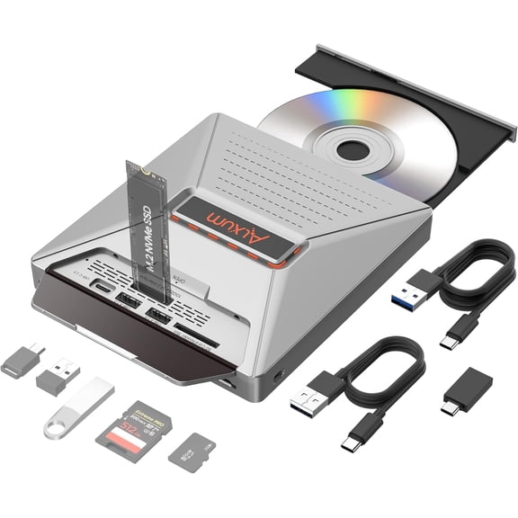 External CD DVD Drive for Laptop, 7 in 1 Portable CD Player DVD Burner with M.2 NVMe/USB 2.0 Interface and SD/Micro SD Card Slot, Ultra-Slim Disk Drive Optical for Windows/Mac OS/Linux/Vista