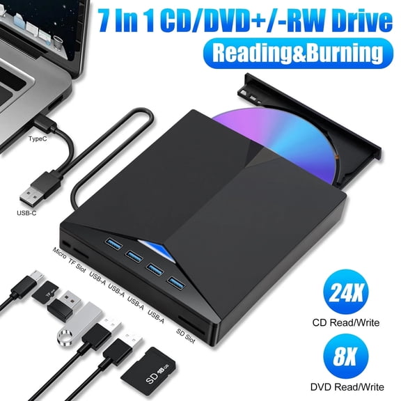 External CD DVD Drive for Laptop,7-in-1 USB 3.0 DVD Player Portable CD/DVD Burner,CD ROM External DVD Drive for Laptop Compatible with Laptop Desktop PC Windows 11/10/8/7 Linux Mac OS