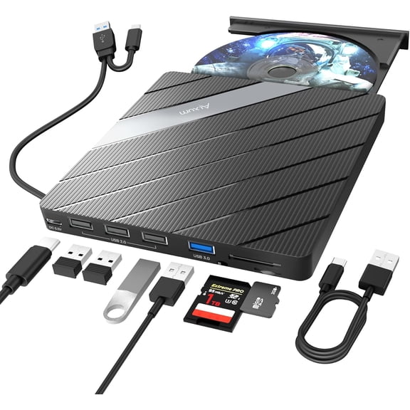 External CD DVD Drive for Laptop, 8 in 1 Portable CD DVD Burner Rewriter with Multiple Ports Support Faster Transfer Speed CD 8X DVD 24x for Windows 11/10/8/7 MacOS and More