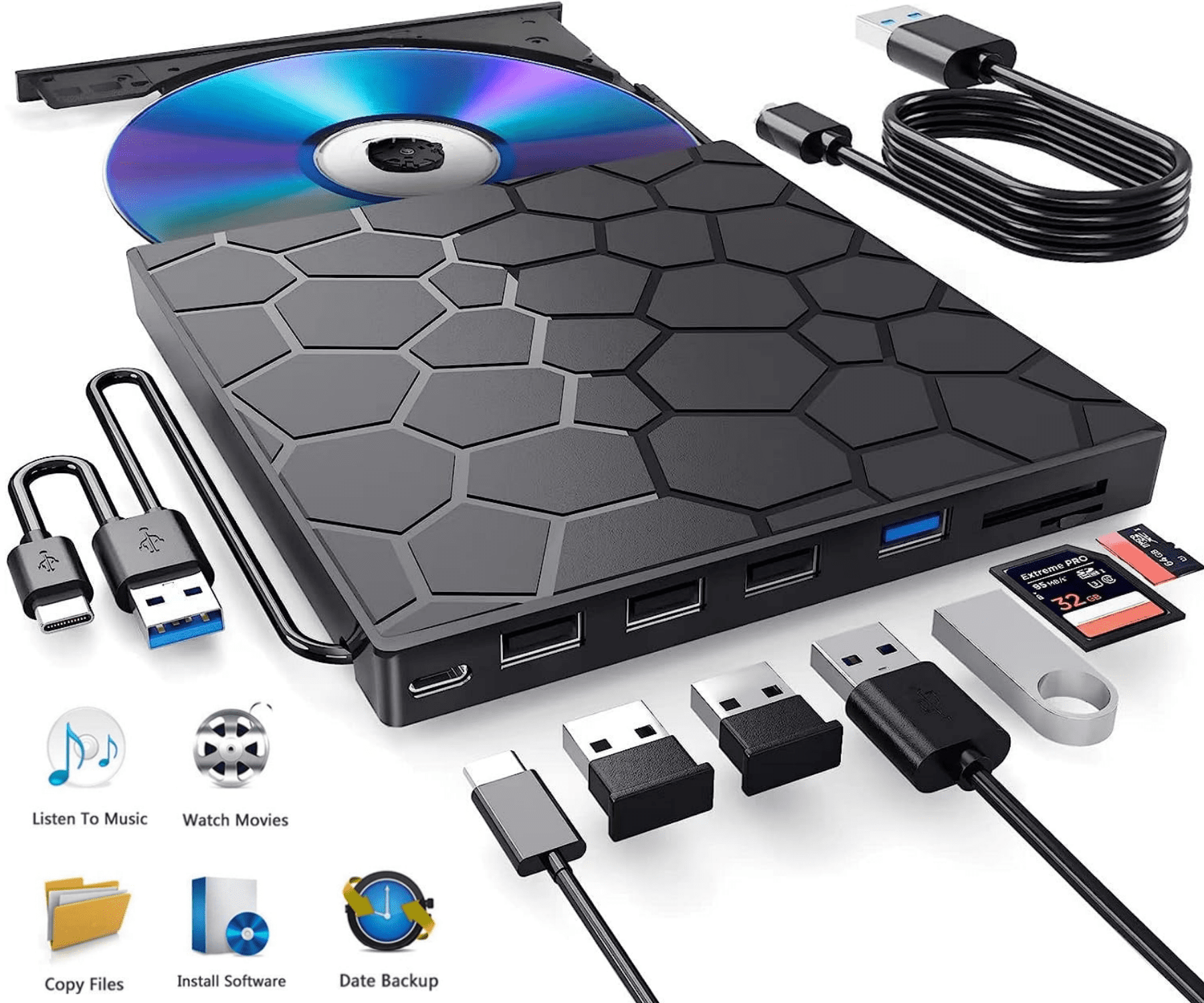 External CD/DVD Drive for Laptop, DVD Player for Laptop, 8 in 1 USB 3.0
