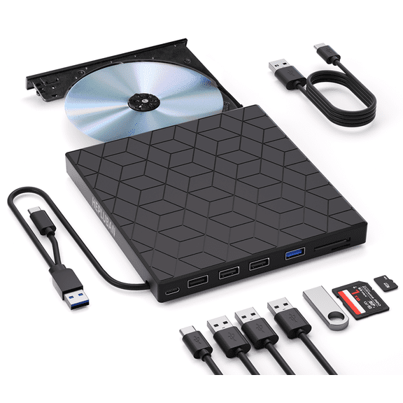 HEPLUBAN External CD/DVD Drive for Laptop, DVD Player for Laptop, 7 in 1 USB 3.0 Ultra-Slim Portable, CD Burner External Disk Drive Optical Compatible with Desktop Mac,Windows 11/10/8/7 Linux