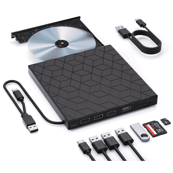 External CD/DVD Drive for Laptop, DVD Player for Laptop, 7 in 1 USB 3.0 Ultra-Slim Portable, CD Burner External Disk Drive Optical Compatible with Desktop Mac,Windows 11/10/8/7 Linux